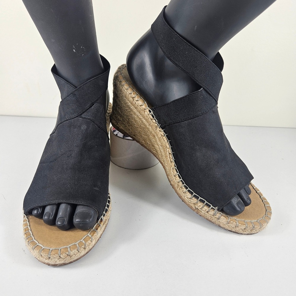 Adrienne Vittadini CALLA Women 8.5 Black Wedge Sandals Elastic Ankle Strap Sisal